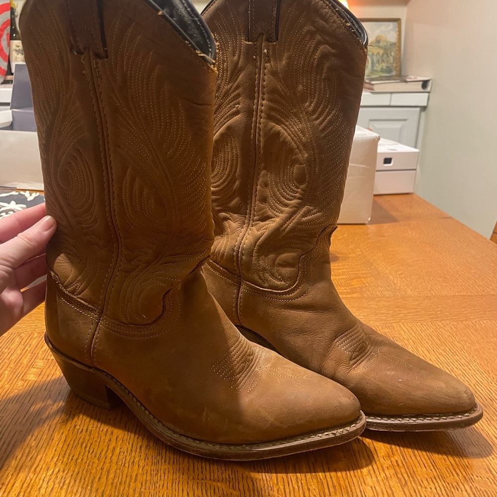 Brown leather cowboy boots